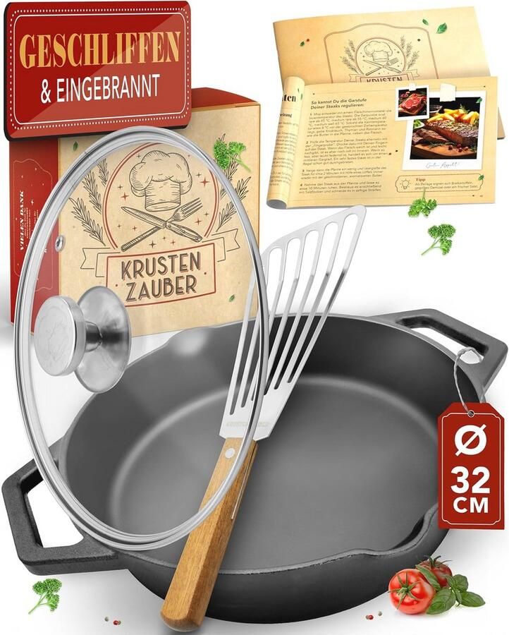 Gietijzeren Pan 32 cm met Inductie Dubbele Handgreep en Deksel