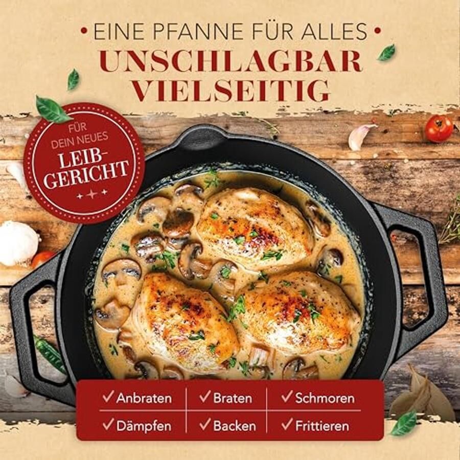 Gietijzeren Pan 32 cm met Inductie Dubbele Handgreep en Deksel