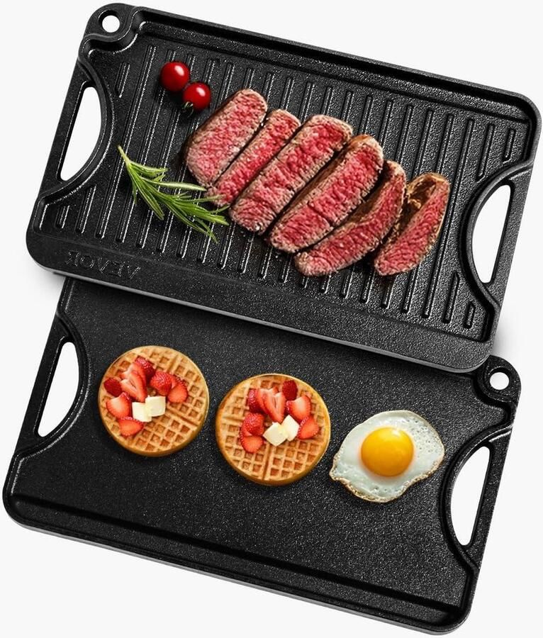 Gietijzeren Pan Bakplaat Grill Buiten Koken Dubbelzijdig Ontwerp 36 x 22 cm Zwart