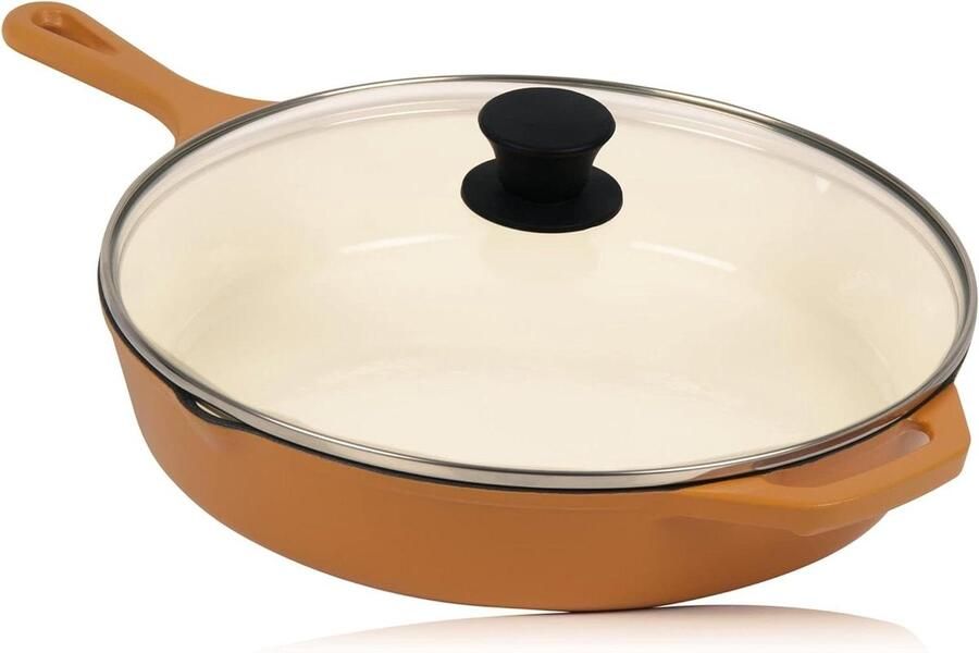 Gietijzeren pan Braadpan deksel Koken en braden Geëmailleerd oppervlak Ø 295 cm Zonnig oranje