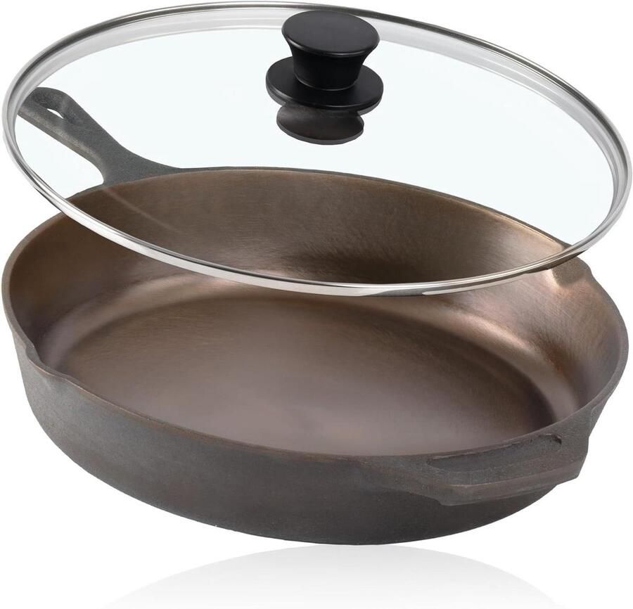 Gietijzeren pan Braadpan deksel Veelzijdig koken Twee schenktuiten 29.5 cm Zwart