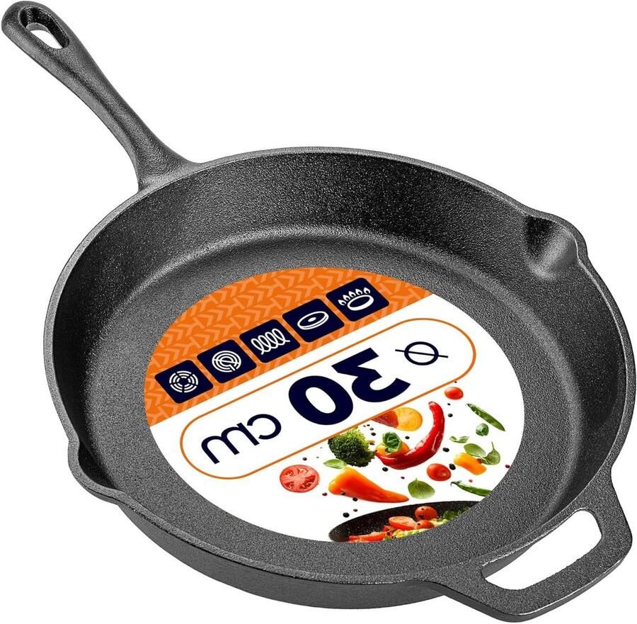 Gietijzeren pan Braadpan Grillpan Koken en braden Uitstekende warmteopslag 30 cm Zwart