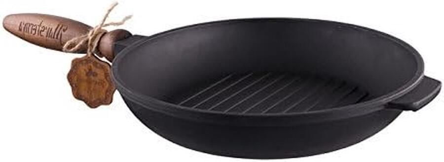 Gietijzeren Pan Braadpan Grillpan Steaks Braden Houten Handvat 24 cm Zwart