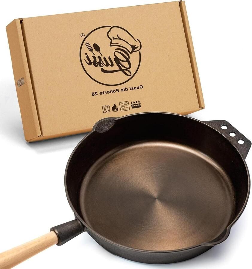 Gietijzeren pan Braadpan Hoge rand Koken en braden Natuurlijke anti-aanbaklaag 28 cm Zwart