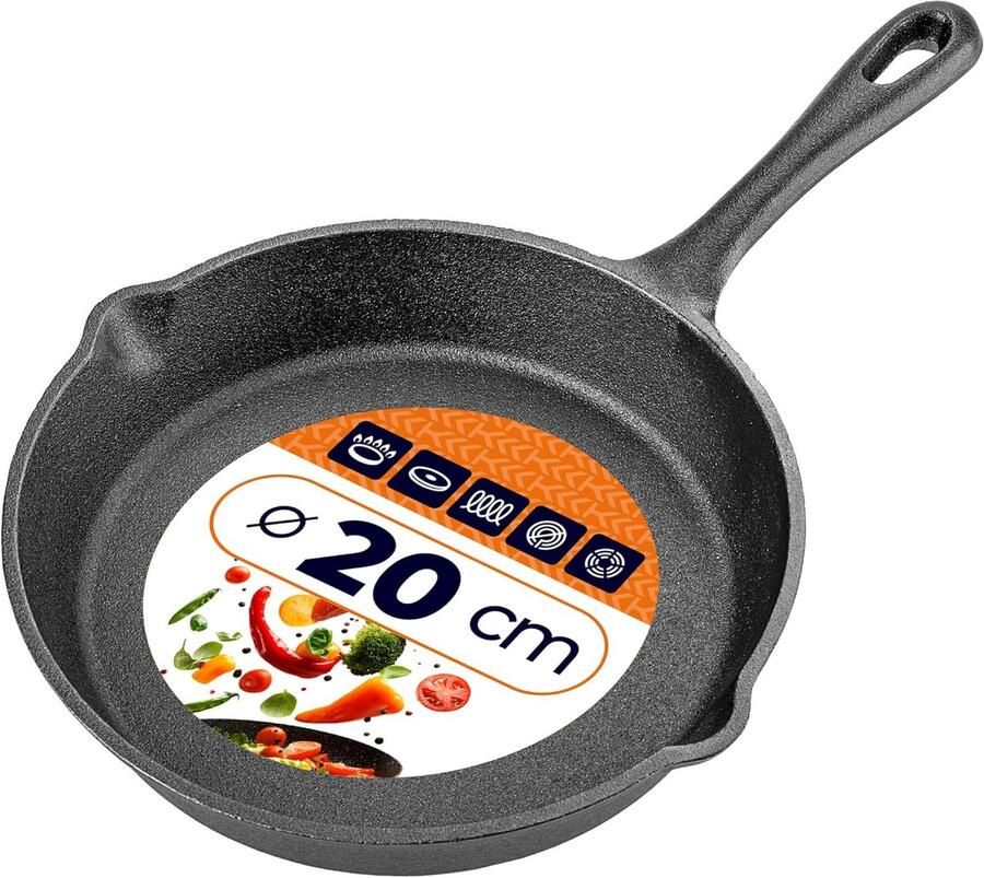Gietijzeren Pan Braadpan Koekenpan Intens Braden Gelijkmatige Warmte 20 cm Diameter Zwart