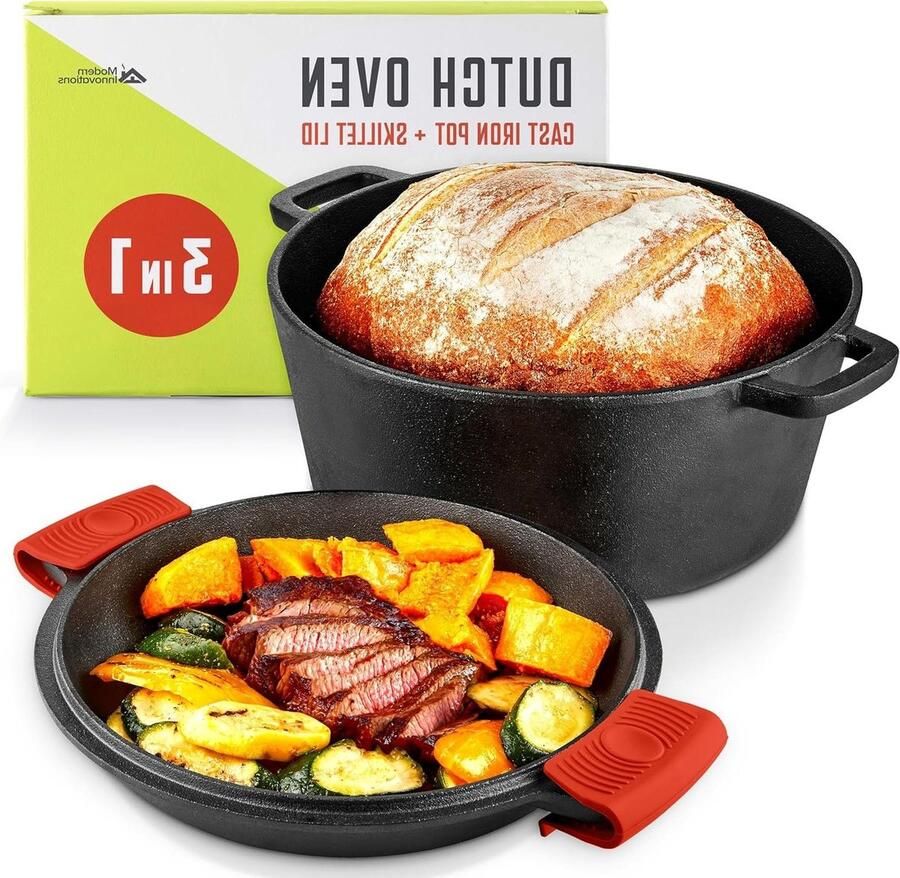 Gietijzeren Braadpan Pan met Deksel Langzaam Garen 2-in-1 Ontwerp 5 Liter Zwart