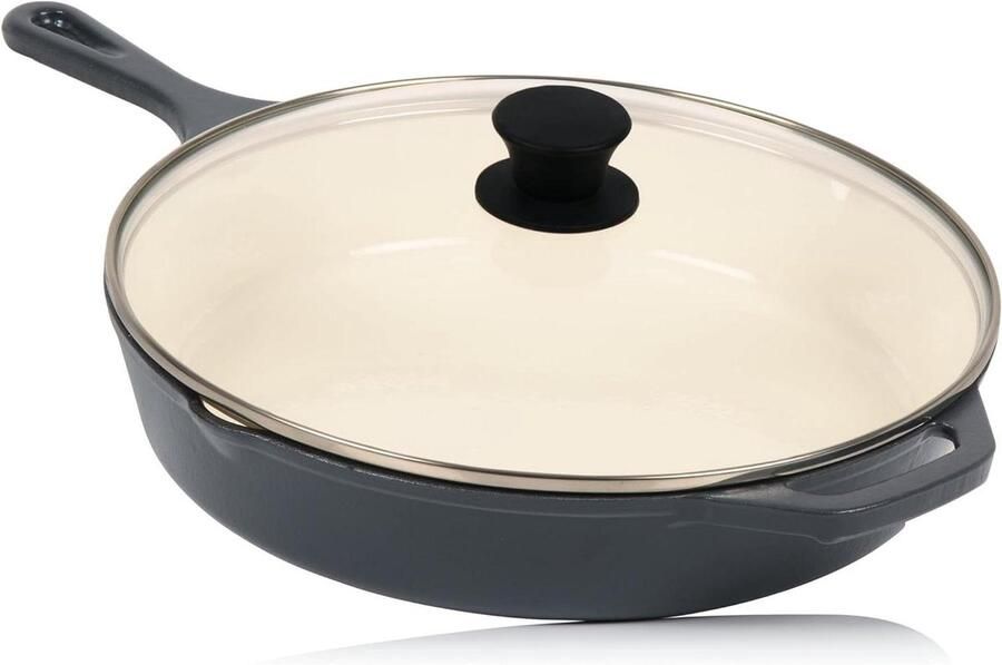 Gietijzeren pan Braadpan met deksel Koken en braden Geëmailleerd met schenktuiten Diameter 295 cm Blauw