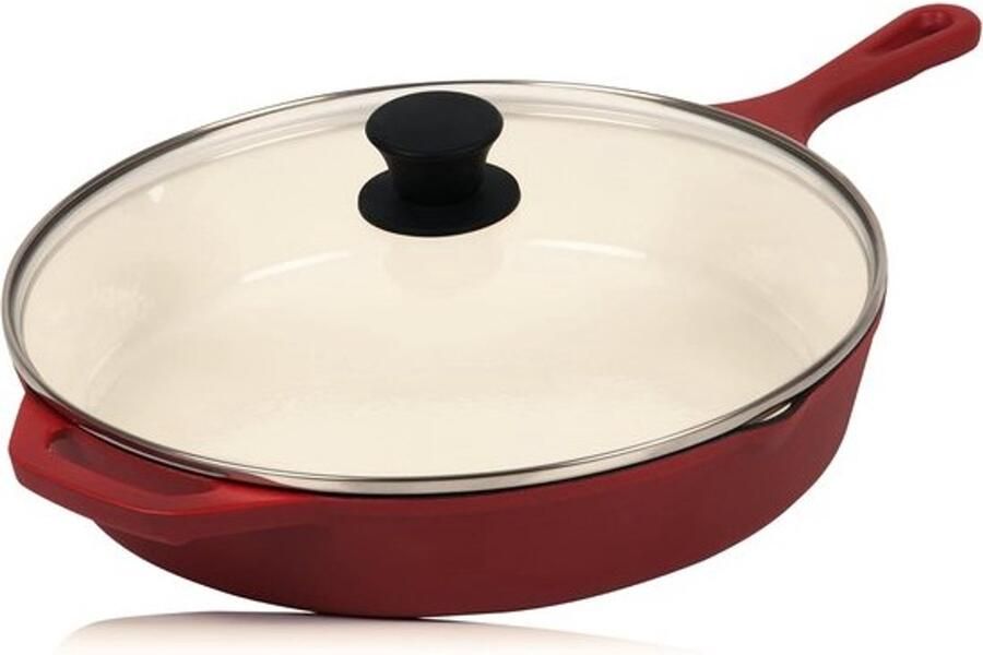 Gietijzeren pan Braadpan met deksel Langzaam garen Geëmailleerd met schenktuiten 29.5 cm Donkerrood