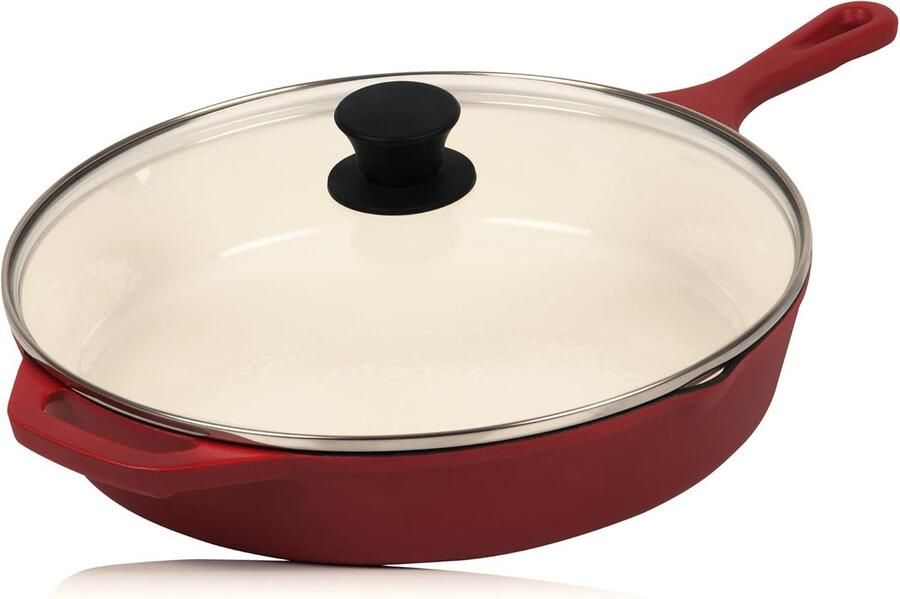 Gietijzeren Pan Braadpan met deksel Langzaam Garen Geëmailleerd met tuiten 29.5 cm Donkerrood
