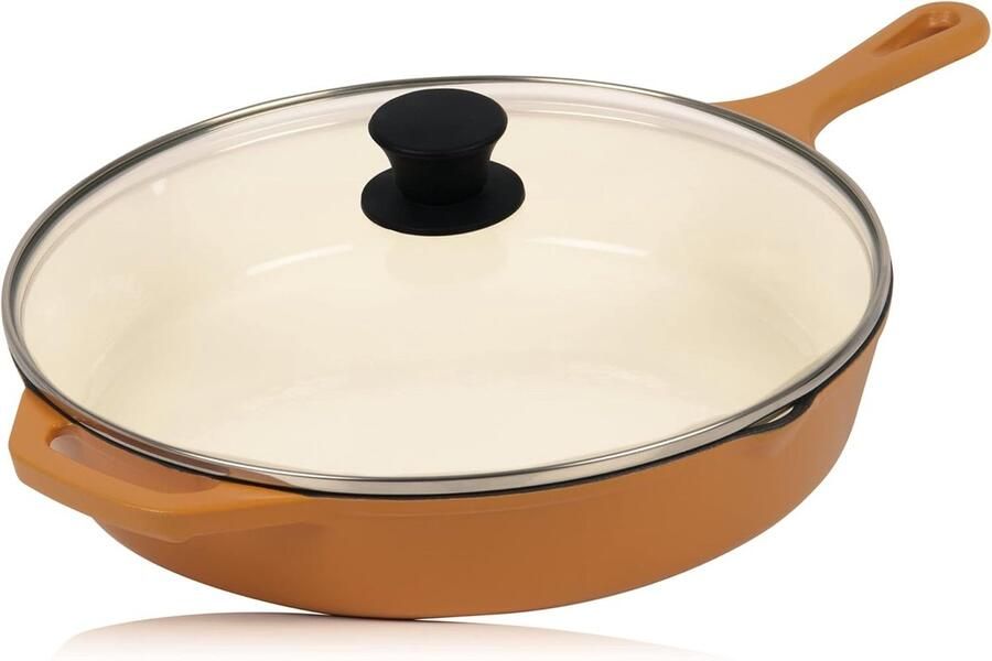 Gietijzeren pan Braadpan met deksel Langzaam garen Geëmailleerde afwerking Ø 295 cm Zonnig oranje