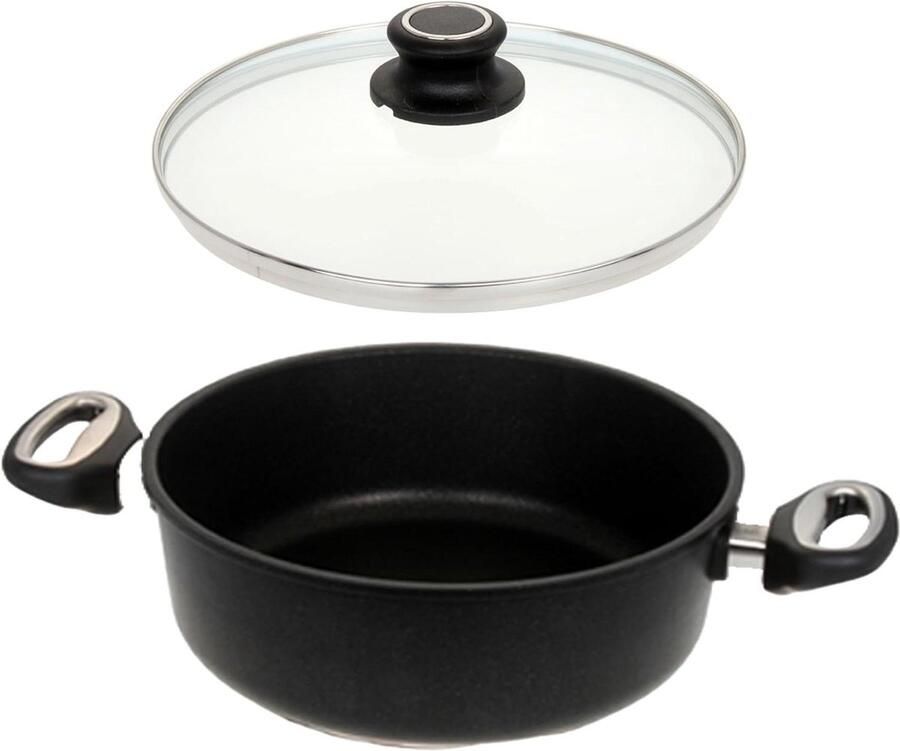 Gietijzeren pan Braadpan met deksel Langzaam garen Lotus titanium afwerking Ø 28cm Zwart