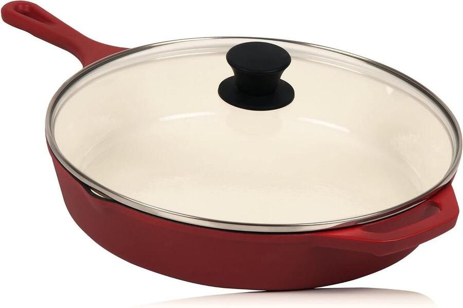 Gietijzeren Pan Braadpan met Deksel Allround Koken Geëmailleerde Afwerking 29.5 cm Diameter Donkerrood