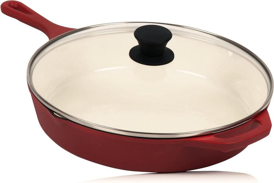 Gietijzeren Pan Braadpan met Deksel Langzaam Garen Twee Schenktuiten Diameter 29.5 cm Donkerrood