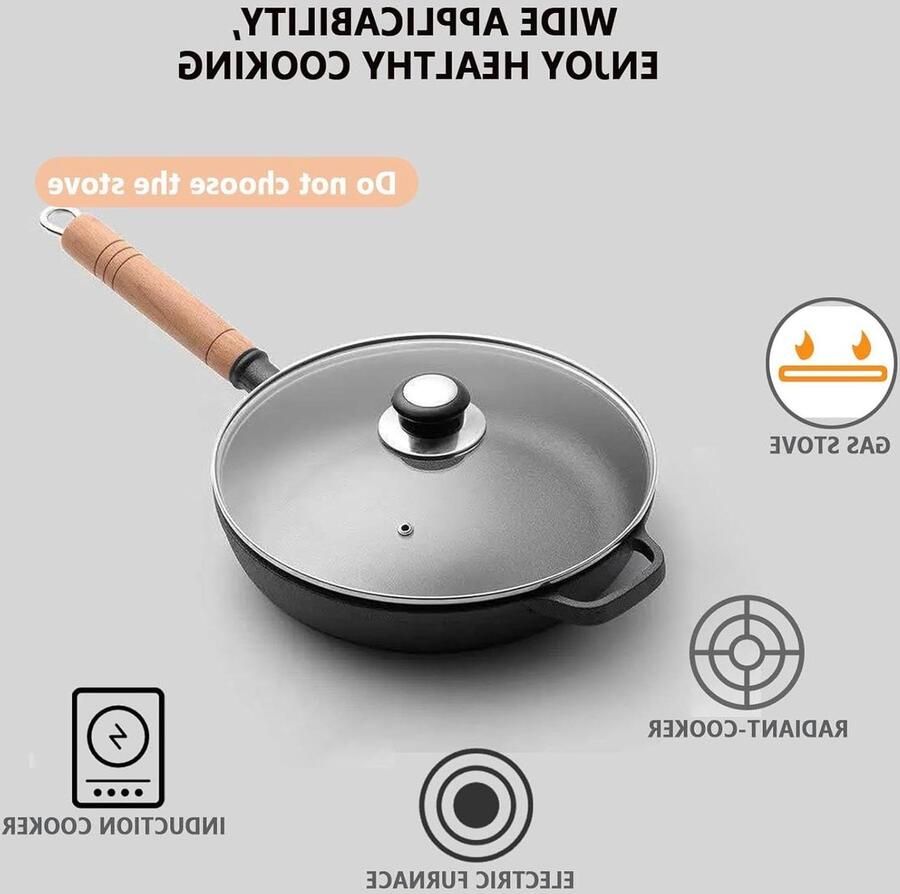 Gietijzeren pan Braadpan met deksel Professioneel koken Natuurlijke anti-aanbaklaag 23 cm diameter Zwart