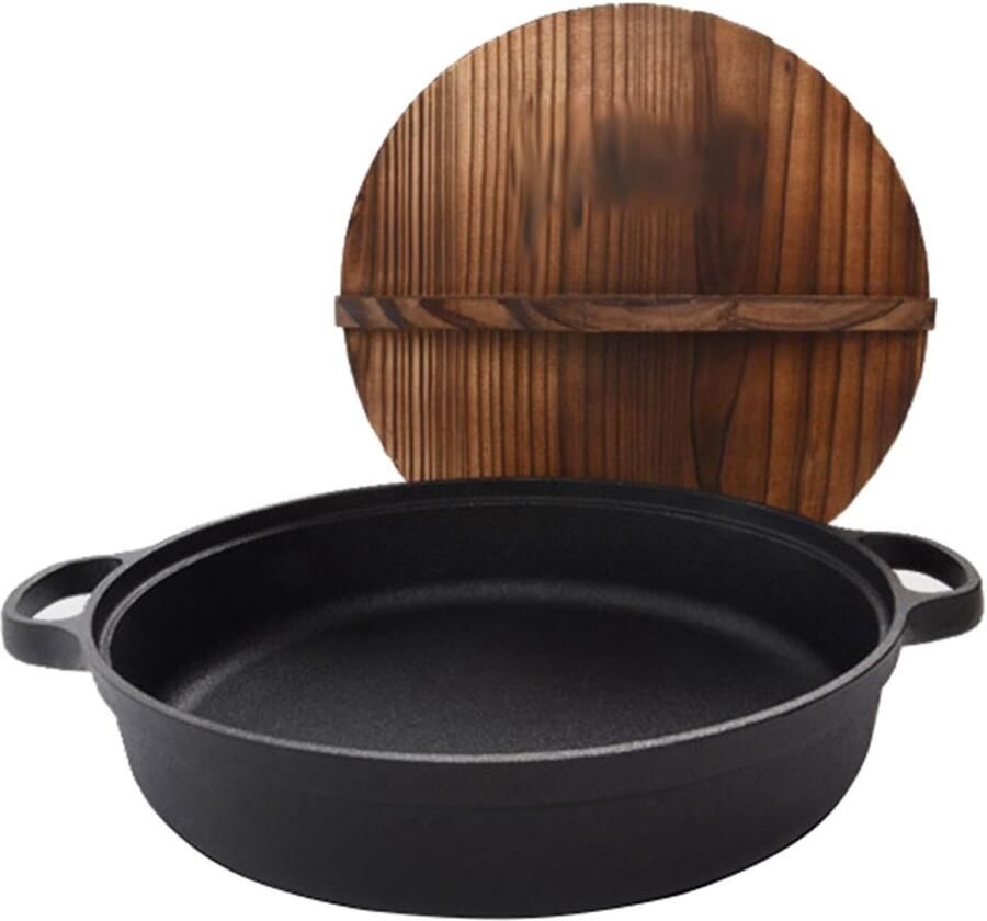 Gietijzeren pan Braadpan met deksel Veelzijdig koken Natuurlijke antiaanbaklaag 25 cm diameter Zwart