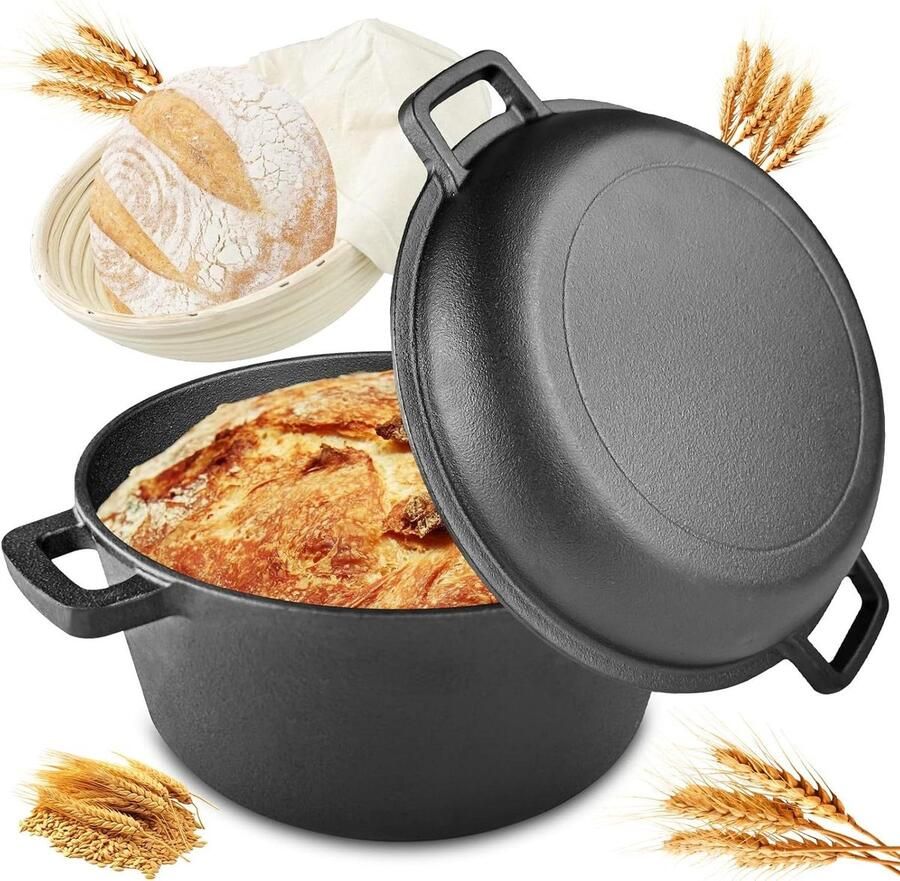 Gietijzeren Pan Braadpan Stoofpan Brood Bakken Dubbele Functie Deksel 26 cm Diameter Zwart