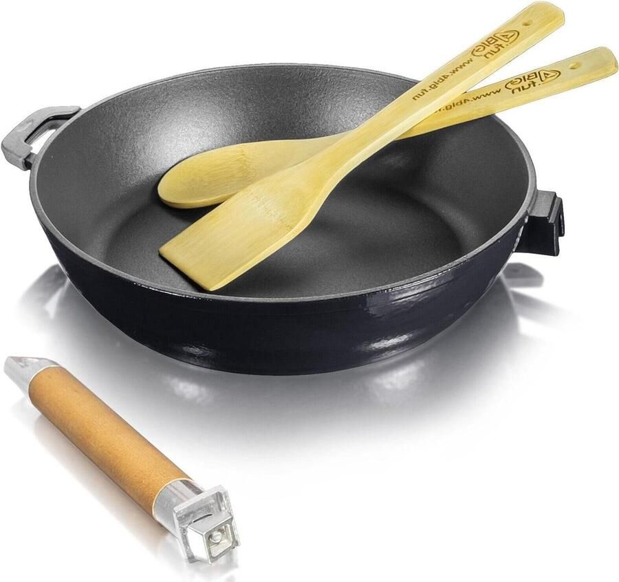 Gietijzeren Pan Braadpan Stoofpan Gelijkmatig Koken Afneembaar Houten Handvat 26 cm Zwart