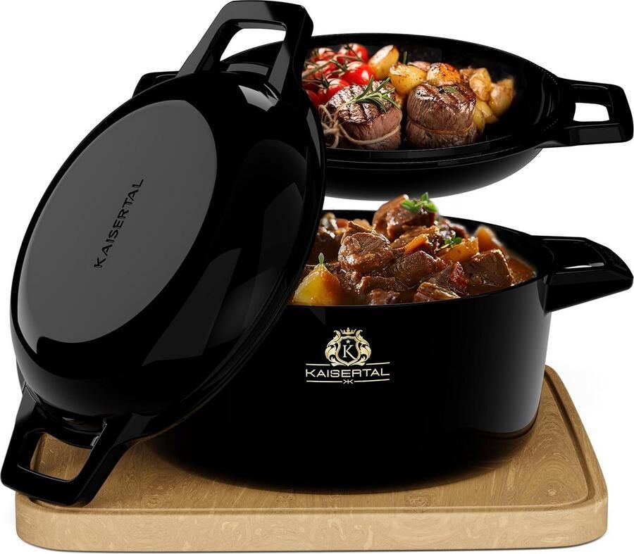 Gietijzeren Pan Braadpan Stoofpan Langzaam Garen 3-punts deksel 4.8 Liter Zwart