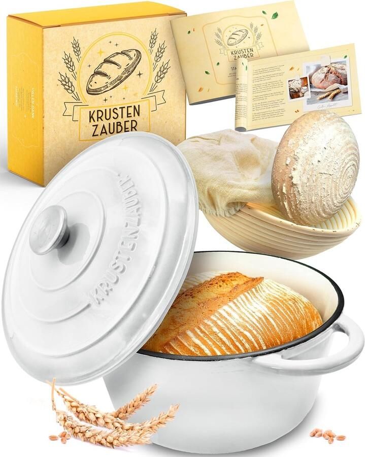 Gietijzeren Pan Broodbak Set Brood Bakken Met Rijs- en Bakmand 26 cm Wit