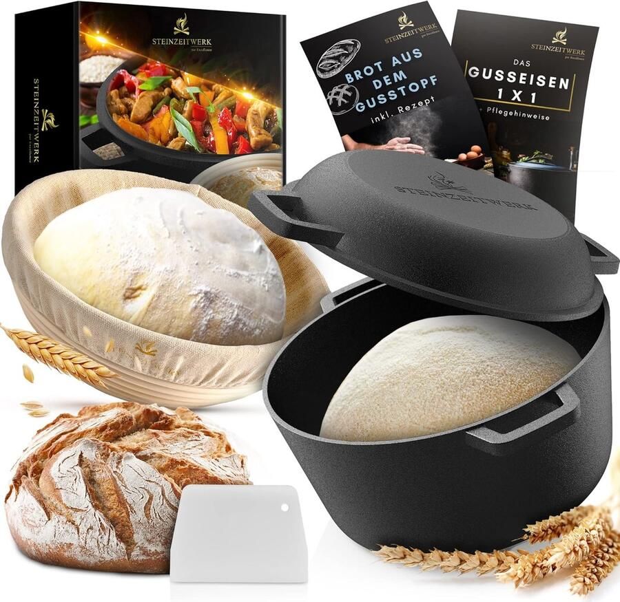 Gietijzeren pan Broodbakvorm Brood bakken Incl. mand deegschraper 26x26x15 cm Zwart