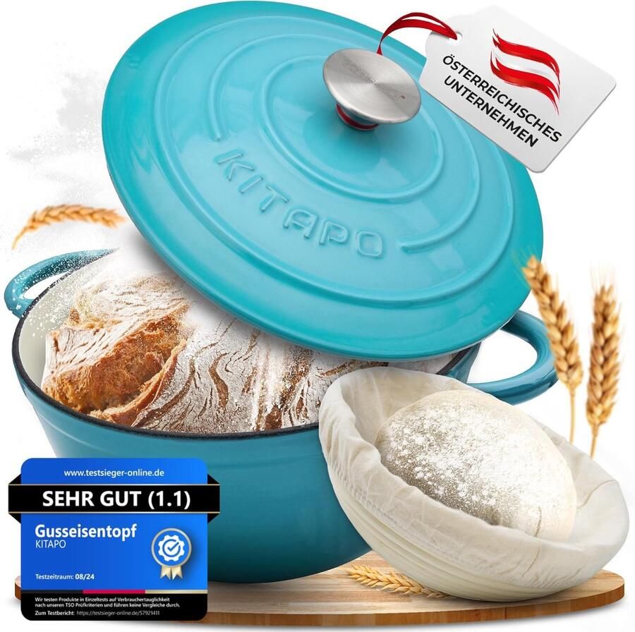 Gietijzeren Pan Broodpot Broodbakken Thuis Inclusief Mand Deegdoek 24 Cm Diameter Blauw