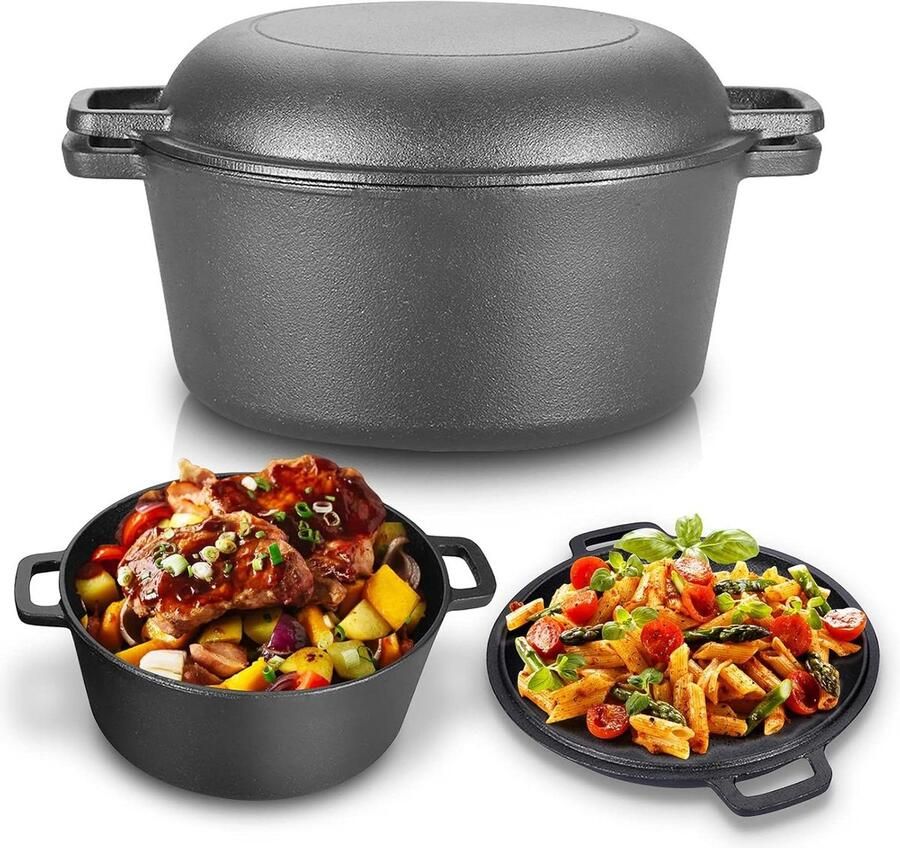 Gietijzeren Pan Combi Pan Koken en Bakken Dubbele Functie 4.5 Liter Zwart