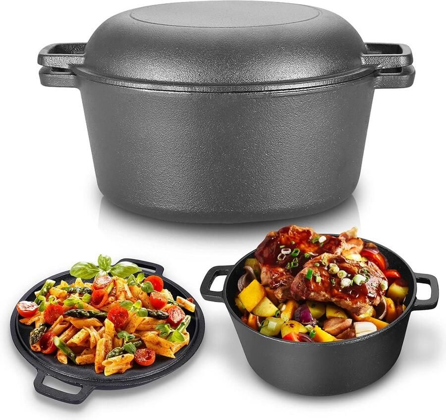 Gietijzeren Pan Combi Pan Veelzijdig Koken Dubbele Functie Deksel 4.5 Liter Zwart