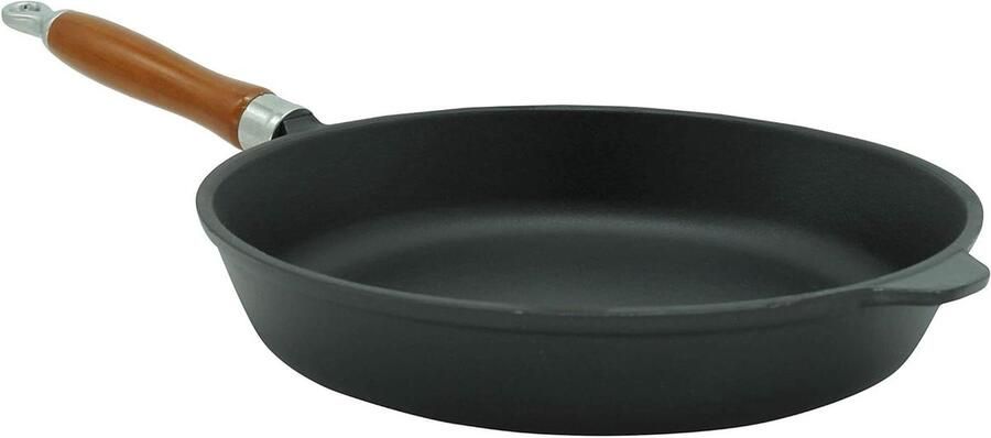Gietijzeren pan Emaille koekenpan Vlees aanbraden Kersenhouten steel 28 cm Zwart