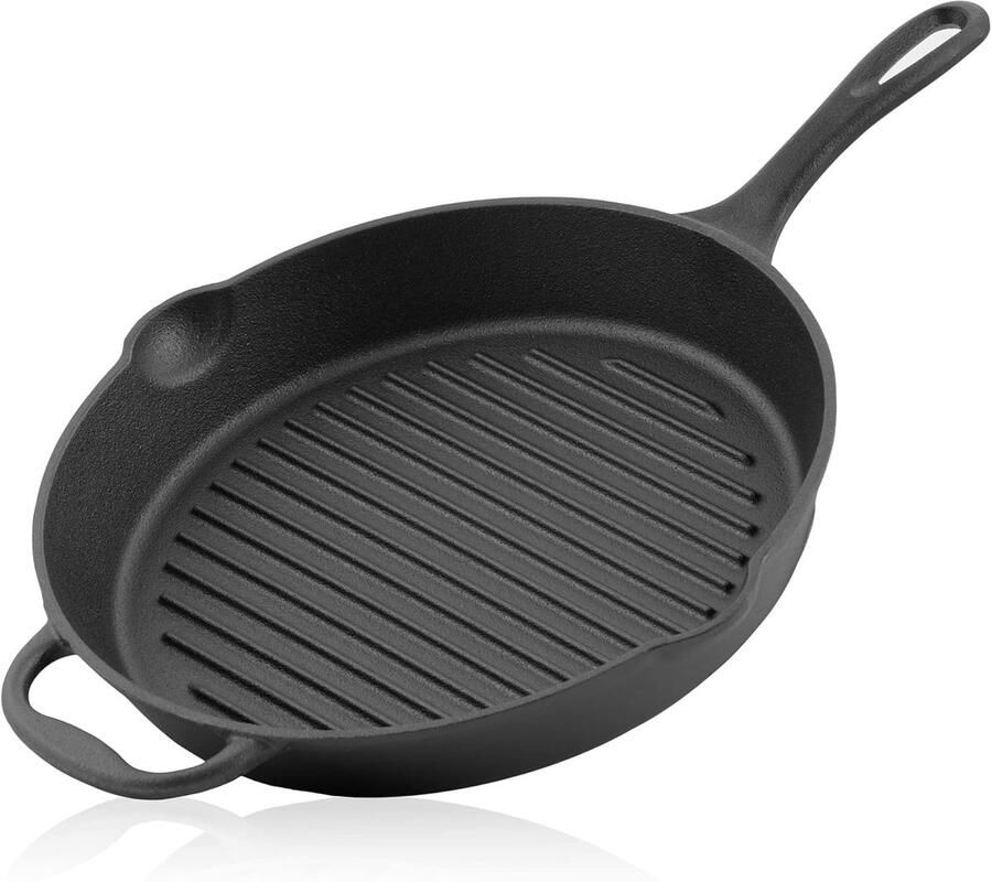 Gietijzeren pan Grillpan Braadpan Buiten koken Geribbeld oppervlak Diameter 29 cm Zwart