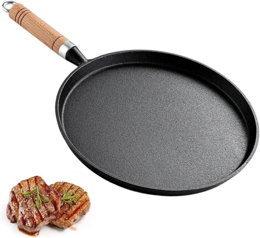 Gietijzeren pan Grillpan Koekenpan Buiten koken Houten handvat 20 cm Zwart