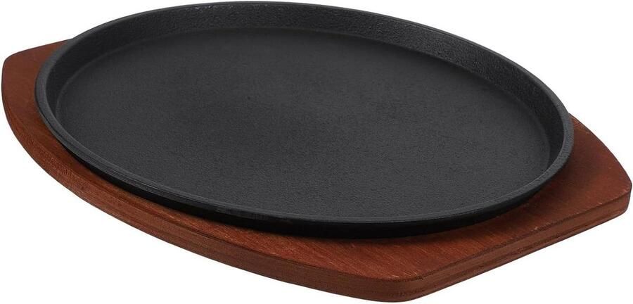 Gietijzeren Pan Grillplaat Steak Grillen Met Houten Voet 27 cm Zwart