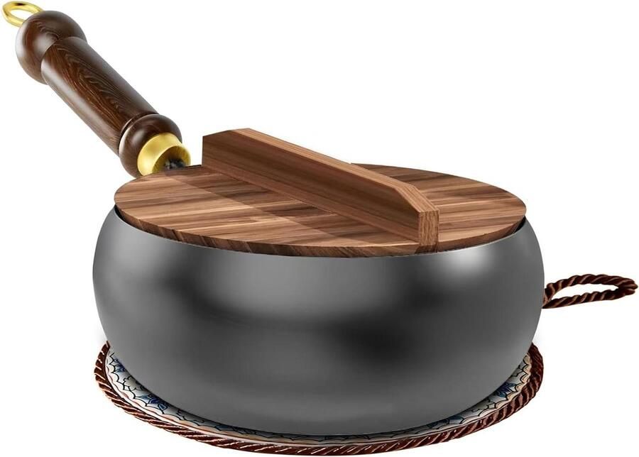 Gietijzeren pan Grote buikpot Veelzijdig koken Handgesmeed vakmanschap 28 cm Houten deksel