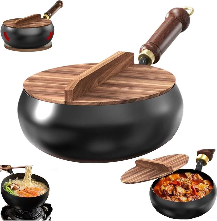 Gietijzeren pan Handgesmeed pannetje Veelzijdig koken Traditioneel smeden 24 cm Zwart