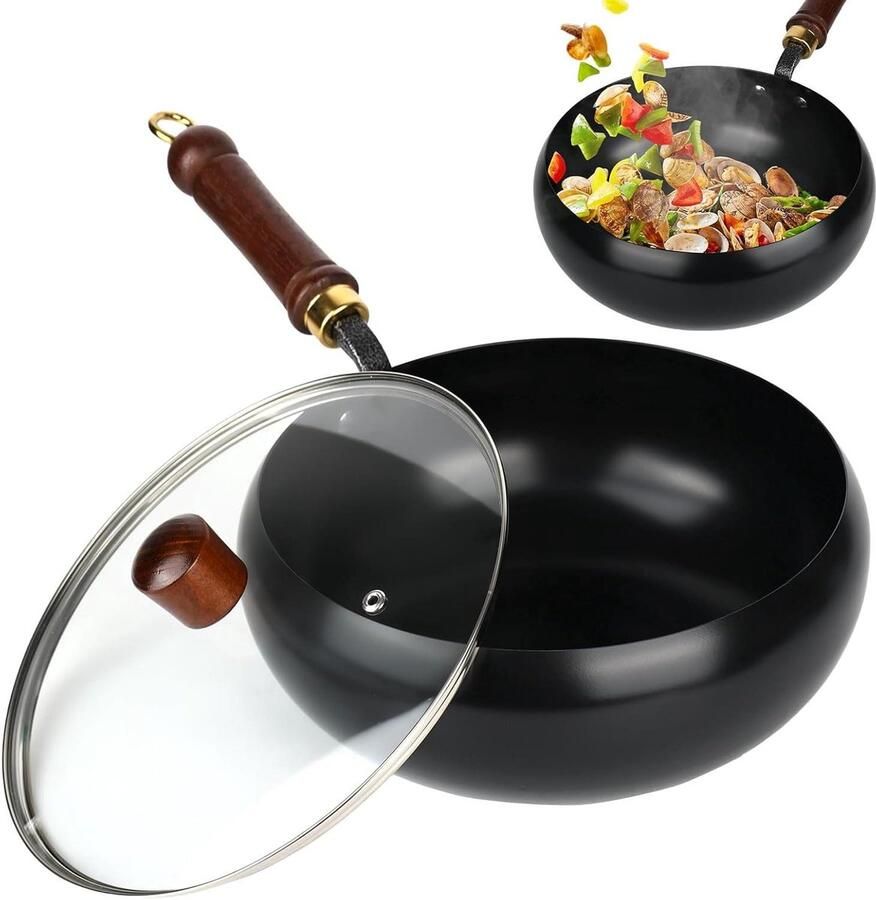 Gietijzeren pan Ijzeren kookpot Simmeren en braden Handgesmede antiaanbaklaag 24 cm Zwart