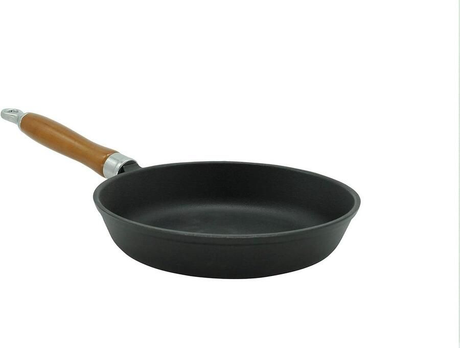 Gietijzeren Pan Koekenpan Emaille Vlees Braden Kersenhouten Steel Ø 20 cm Zwart
