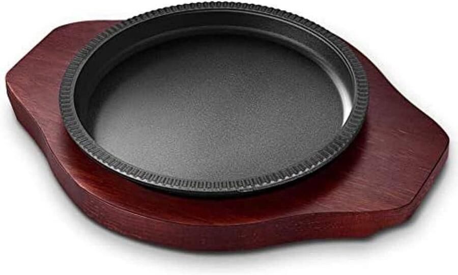 Gietijzeren Pan Koekenpan Grill Vlees Grillen Met Houten Onderstel 29cm Zwart