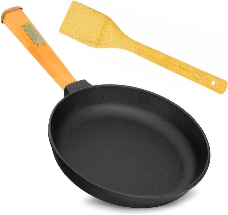 Gietijzeren Pan Koekenpan Koken en Bakken Houten Handvat 24 cm Zwart
