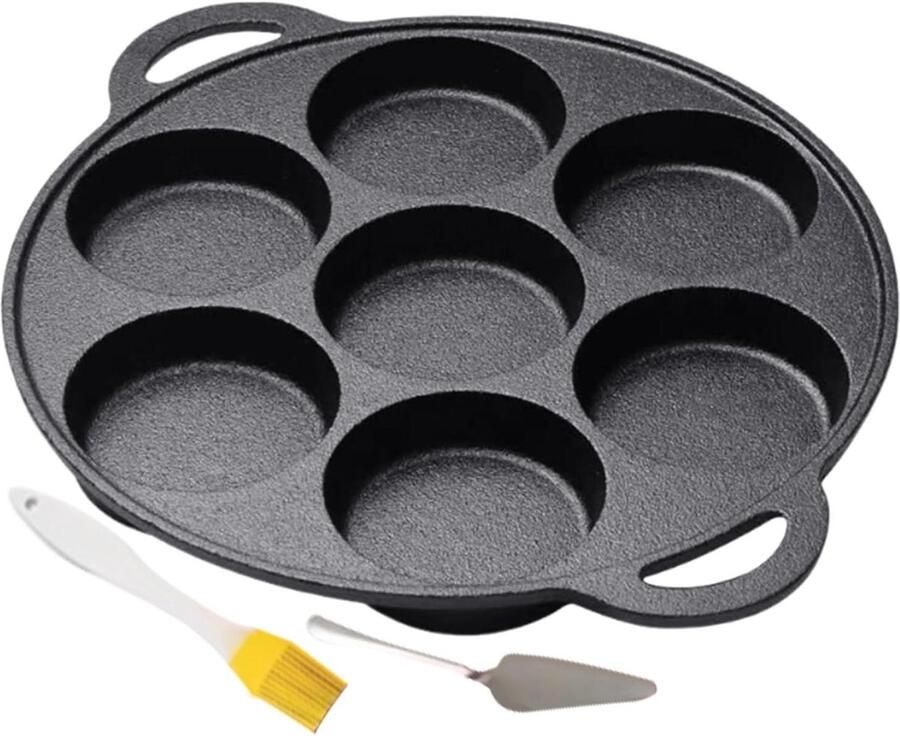 Gietijzeren Pannenkoekenpan Ontbijt Maker Mini Pannenkoeken Bakken 7-Gaats Design 30.5 cm Zwart