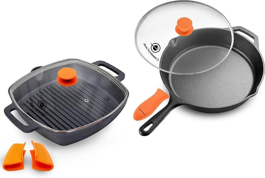 Gietijzeren Pan Koekenpan met deksel Koken en bakken Vooraf ingebrand 26 cm Zwart