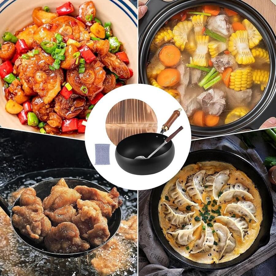 Gietijzeren Pan Koekenpan met deksel Veelzijdig Koken Natuurlijk Anti-aanbak 24 cm Zwart