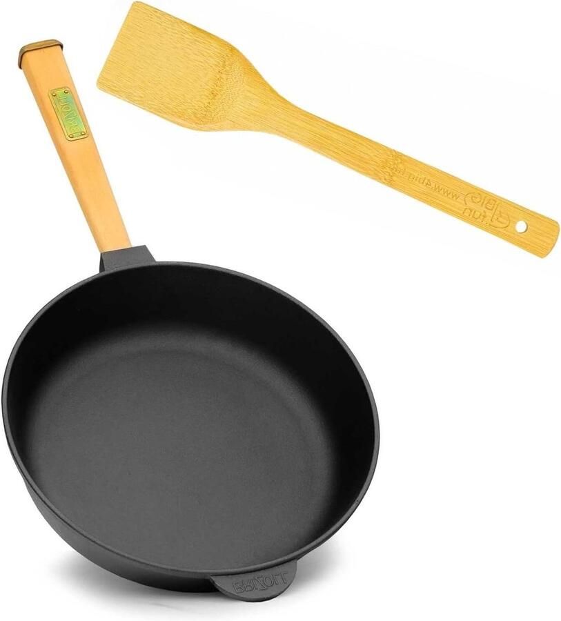 Gietijzeren Pan Koekenpan Ronde Pan Koken en Bakken Houten Handvat 24 cm Diameter Zwart