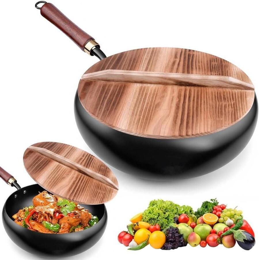 Gietijzeren Pan Koekenpan Wok Koken en Bakken Handgesmeed Uniek 28 cm Zwart
