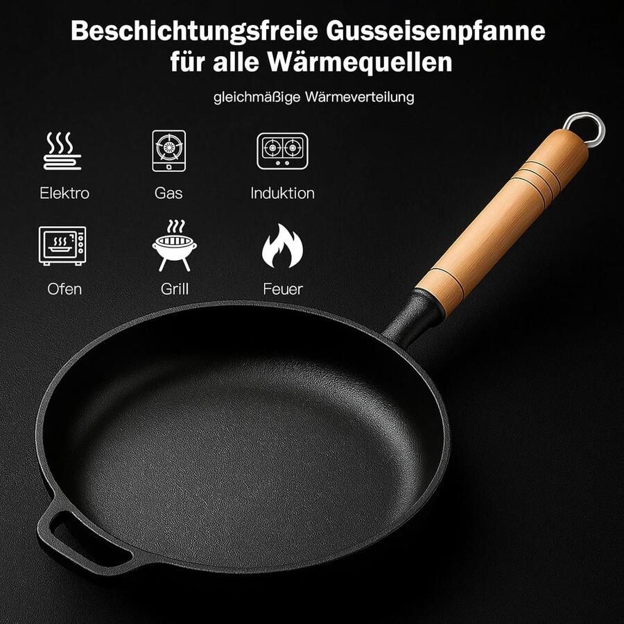 Gietijzeren pan Ongecoate ijzeren pan Koken en braden Afneembare houten greep 29 cm Zwart
