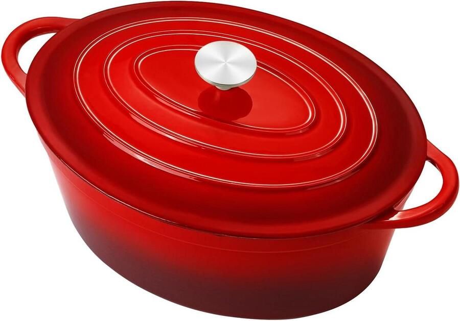 Gietijzeren Pan Ovale Stoofpan Langzaam Garen Perfecte Warmteverdeling 6.6 Liter Rood
