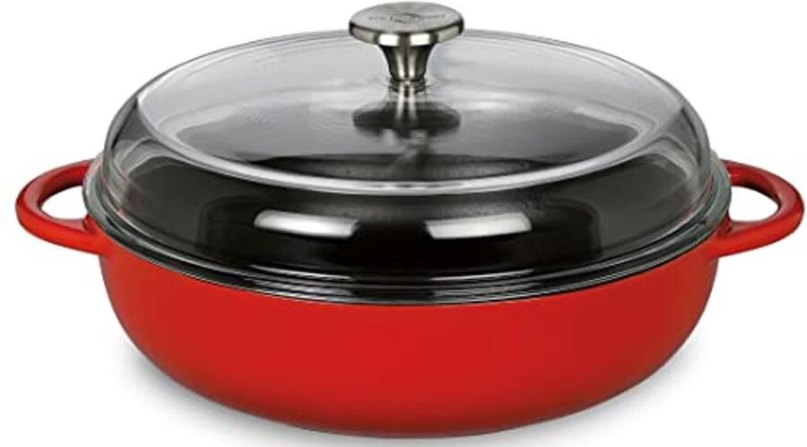 Gietijzeren pan rond 28 cm met glazen deksel Geschikt voor alle warmtebronnen