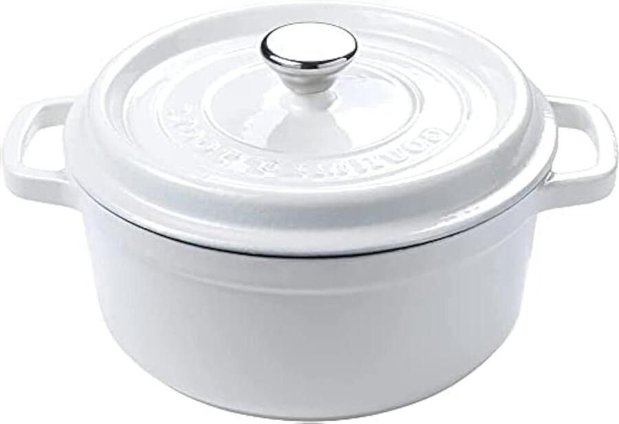 Gietijzeren pan rond Cocotte met deksel Traditioneel koken Geglazuurde keramische coating 22 cm Wit