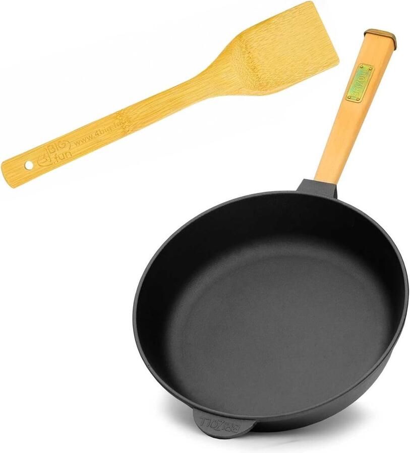 Gietijzeren Pan Koekenpan Houtgreep Koken Bakken Braden Natuurlijke Patina 24 cm Diameter Zwart