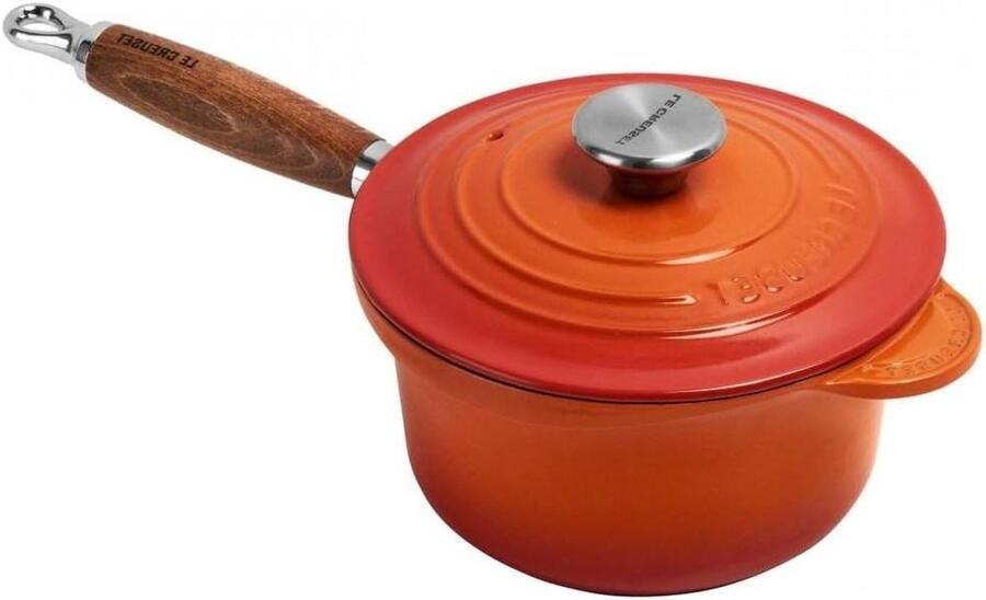 Gietijzeren Pan Sauspan Kookpan Koken en Sudderen Houten Handvat 18 cm 3.5 Liter Ovenrood