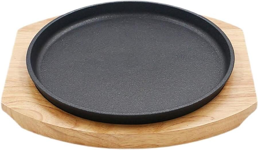 Gietijzeren Serveerplaat Warme Schotel Eten Warm Houden Met Houten Basis 26cm Diameter Zwart
