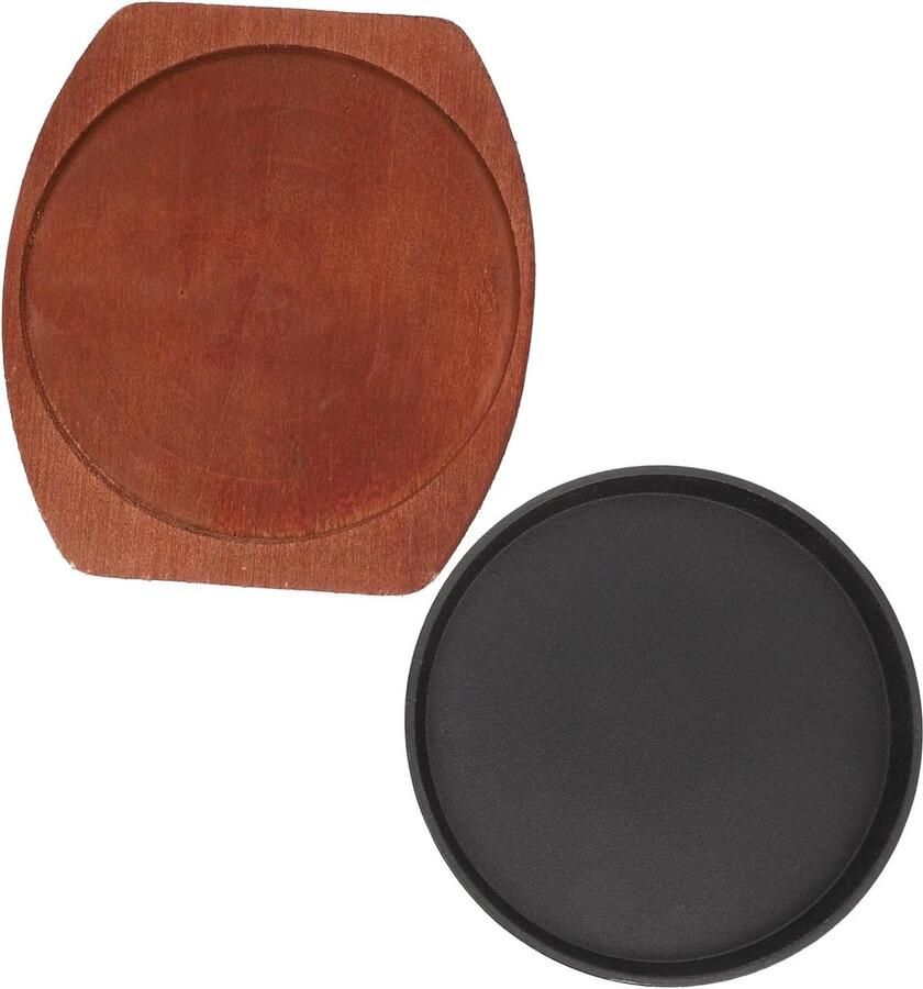 Gietijzeren Pan Sizzler Serveerschaal Vlees Grillen Met Houten Onderstel 21 cm Zwart